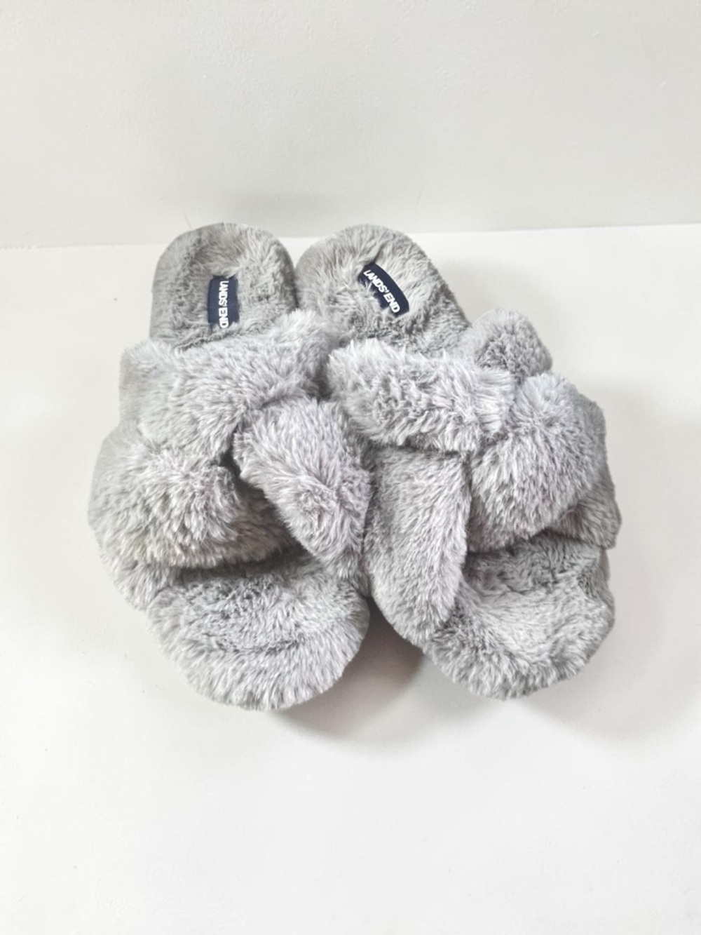Lands End Gray Faux Fur Fluffy Crisscross Slide House Spa Slippers size 8